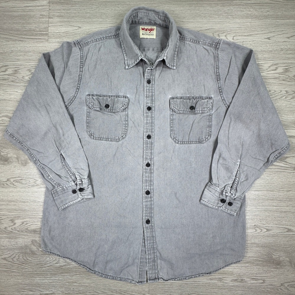 Wrangler Mens Button Down Shirt Authentics Gray Large Long Sleeve Denim Workwear